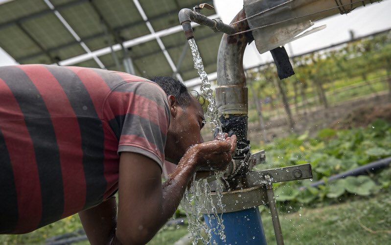 Farmer in India drinks water from a solar pump
